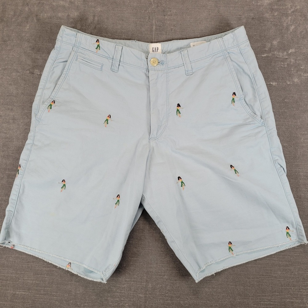 GAP Mens Light Blue Hula‎ Girl Embroidered Chino Shorts Size 31 Raw Hem